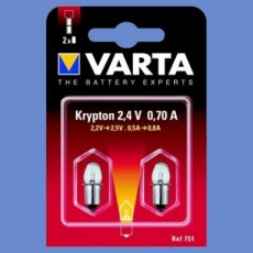 VARTA 751.000.402  Reservelampje 751 2,4V - blister 2 stuks  EAN: 4008496359783   Op bestelling, geen terugname